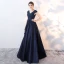 Classique Bleu Marine Robe De Bal 2017 Princesse En Dentelle Fleur Cristal Paillettes V-Cou Dos Nu Sans Manches Train De Balayage Robe De Ceremonie