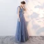 Chic / Beautiful Sky Blue Evening Dresses  2017 A-Line / Princess Bow V-Neck Backless Sleeveless Floor-Length / Long Formal Dresses