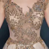 Luxury / Gorgeous Champagne Evening Dresses  2017 A-Line / Princess Lace Crystal Rhinestone V-Neck Backless Sleeveless Asymmetrical Chapel Train Formal Dresses