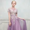 Chic / Beautiful Grape Evening Dresses  2017 A-Line / Princess Lace Flower Beading Sequins Scoop Neck Short Sleeve Floor-Length / Long Formal Dresses