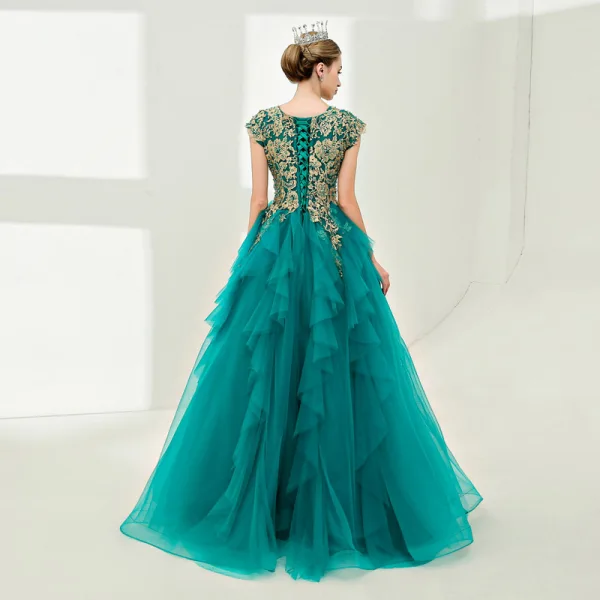 Luxury / Gorgeous Prom Dresses 2017 Ball Gown Lace Flower Pearl Sequins Scoop Neck Floor-Length / Long Sleeveless Formal Dresses