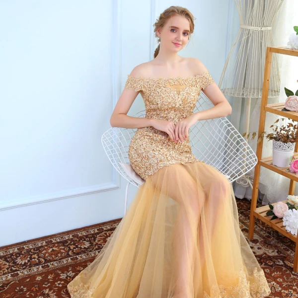 Luxury / Gorgeous Evening Dresses 2017 Trumpet / Mermaid Lace Flower Crystal Off-The-Shoulder Backless Short Sleeve Floor-Length / Long Formal Dresses