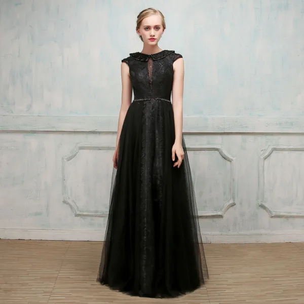 Chic / Beautiful Evening Dresses 2017 A-Line / Princess Lace Sequins Scoop Neck Cap Sleeves Floor-Length / Long Formal Dresses