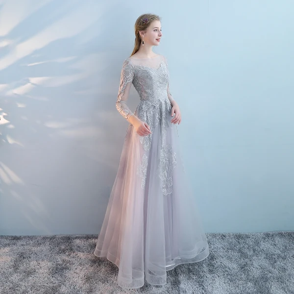 Chic / Beautiful Grey Evening Dresses 2017 A-Line / Princess Lace Pearl Sequins Scoop Neck Long Sleeve Ankle Length Formal Dresses