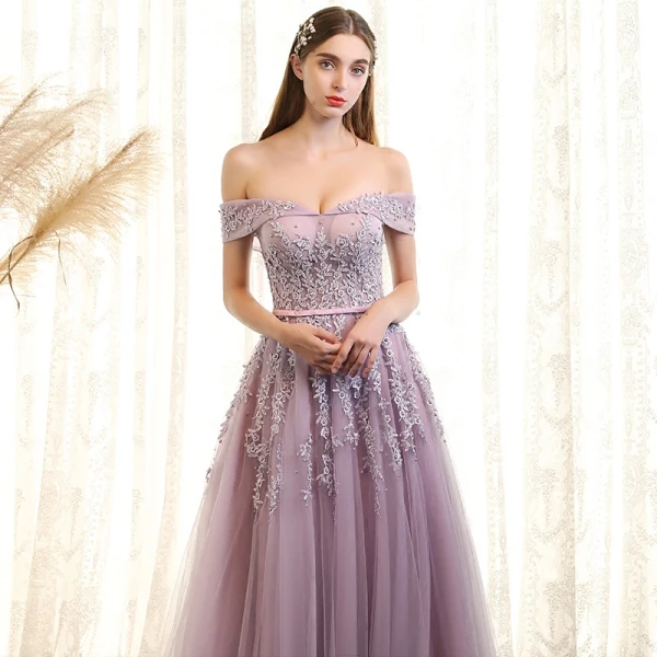 Chic / Beautiful Evening Dresses 2017 A-Line / Princess Lace Flower Pearl Off-The-Shoulder Backless Sleeveless Sweep Train Formal Dresses