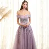 Chic / Beautiful Evening Dresses  2017 A-Line / Princess Lace Flower Pearl Off-The-Shoulder Backless Sleeveless Sweep Train Formal Dresses
