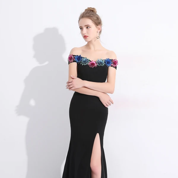 Sexy Schwarz Abendkleider 2017 Mermaid Mit Spitze Blumen Pailletten Off Shoulder Kurze Ärmel Rückenfreies Sweep / Pinsel Zug Festliche Kleider