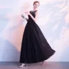 Élégant Noir Robe De Soirée 2017 Princesse Fleurs Artificielles Encolure Dégagée Dos Nu Longueur Cheville Sans Manches Robe De Ceremonie