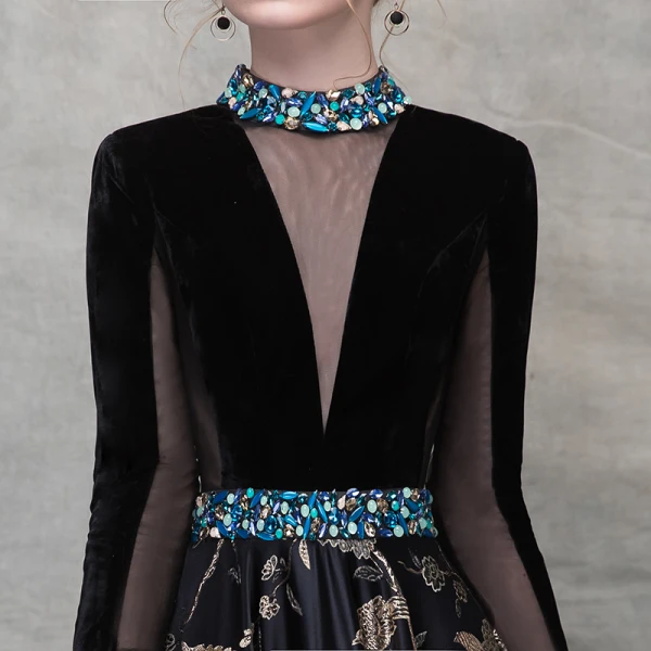Luxury / Gorgeous Black Gold Evening Dresses 2018 A-Line / Princess Crystal Embroidered Pierced Scoop Neck Backless 3/4 Sleeve Floor-Length / Long Formal Dresses