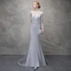 Chic / Beautiful Silver Evening Dresses  2018 Trumpet / Mermaid Lace Flower Scoop Neck Backless Long Sleeve Sweep Train Formal Dresses