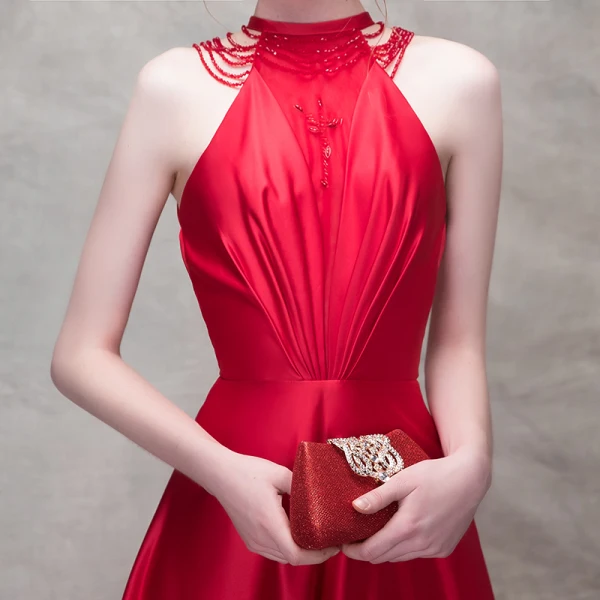 Élégant Rouge Robe De Soirée 2017 Princesse Noeud Perlage Col Haut Sans Manches Bustier Royal Train Robe De Ceremonie