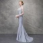 Chic / Belle Gris Robe De Soirée 2017 Trompette / Sirène En Dentelle Fleur Perlage Noeud Paillettes V-Cou Dos Nu Sans Manches Train De Balayage Robe De Ceremonie