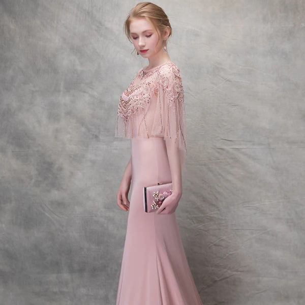 Élégant Rougissant Rose Robe De Soirée 2017 Trompette / Sirène En Dentelle Fleur Cristal Encolure Dégagée 1/2 Manches Train De Balayage Robe De Ceremonie