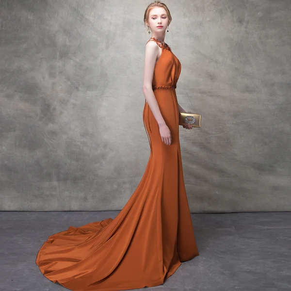 Élégant Orange Robe De Soirée 2017 Trompette / Sirène Fleurs Artificielles Faux Diamant Cristal Titulaire Dos Nu Sans Manches Tribunal Train Robe De Ceremonie