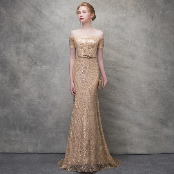 Scintillantes Dorés Robe De Soirée 2017 Trompette / Sirène Glitter Dentelle Métal Ceinture De l'épaule Manches Courtes Train De Balayage Robe De Ceremonie
