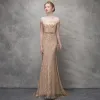 Sparkly Gold Evening Dresses  2017 Trumpet / Mermaid Glitter Lace Metal Sash Off-The-Shoulder Short Sleeve Sweep Train Formal Dresses