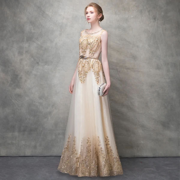 Sparkly Champagne Evening Dresses  2017 A-Line / Princess Pearl Sequins Metal Sash Scoop Neck Sleeveless Ankle Length Formal Dresses