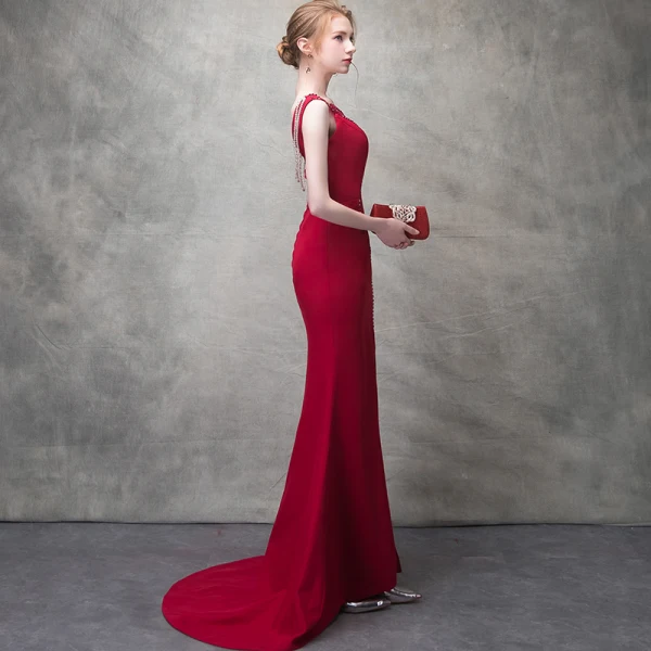 Sexy Burgundy Evening Dresses 2018 Trumpet / Mermaid Beading Metal V-Neck Backless Sleeveless Sweep Train Formal Dresses