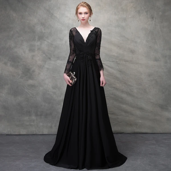Chic / Belle Noir Robe De Soirée 2017 Princesse Perlage Cristal En Dentelle Fleurs Artificielles Percé V-Cou Dos Nu Manches Longues Train De Balayage Robe De Ceremonie