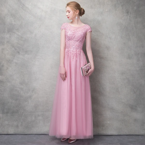 Chic / Beautiful Candy Pink Evening Dresses  2017 A-Line / Princess Flower Lace Rhinestone Scoop Neck Backless Short Sleeve Ankle Length Formal Dresses