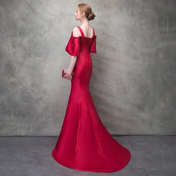 Chic / Belle Bordeaux Robe De Soirée 2017 Trompette / Sirène Perlage Paillettes Fleurs Artificielles épaules Bustier Dos Nu Manches Courtes Train De Balayage Robe De Ceremonie