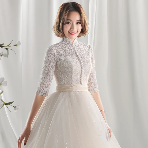 Schöne Ballkleid Brautkleider / Hochzeitskleider 2017 Spitze Blumen Stehkragen Rückenfreies 1/2 Ärmel Lange Hochzeit