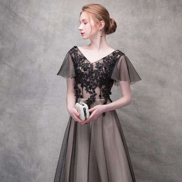 Chic / Belle Noir Robe De Soirée 2017 Princesse Cristal En Dentelle Fleur V-Cou Dos Nu Manches Courtes Longueur Cheville Robe De Ceremonie