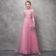 Snygga / Fina Candy Rosa Aftonklänningar 2017 Prinsessa Spets Blomma Pärla Konstgjorda Blommor Paljetter Halterneck Hög Hals Korta ärm Ankellång Formella Klänningar
