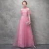 Chic / Beautiful Candy Pink Evening Dresses  2017 A-Line / Princess Lace Flower Pearl Artificial Flowers Sequins Backless High Neck Short Sleeve Ankle Length Formal Dresses