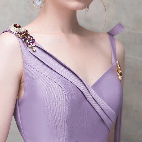 Elegant Lavender Evening Dresses  2017 Trumpet / Mermaid Bow Crystal Rhinestone Spaghetti Straps Backless Sleeveless Ankle Length Formal Dresses