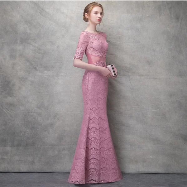 Chic / Beautiful Candy Pink Evening Dresses 2017 Trumpet / Mermaid Lace Sequins Pierced Scoop Neck 1/2 Sleeves Ankle Length Formal Dresses