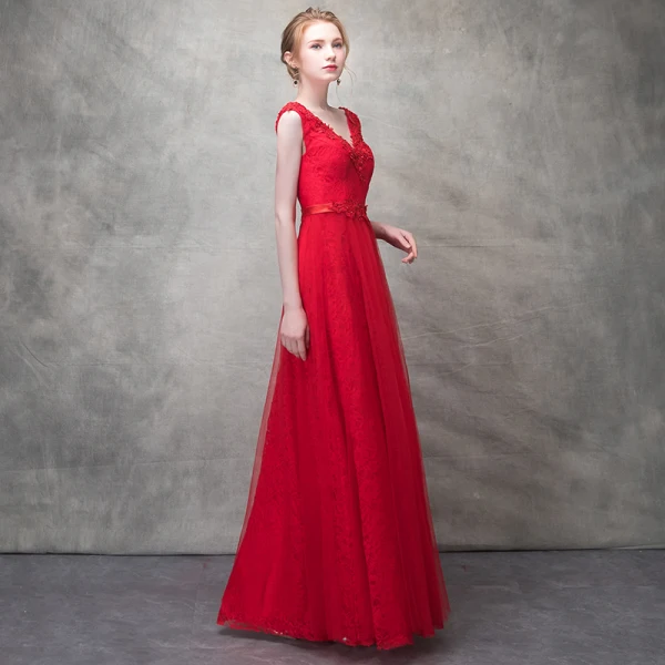 Chic / Belle Rouge Robe De Soirée 2017 Princesse Cristal En Dentelle Fleur Perlage Paillettes V-Cou Dos Nu Longueur Cheville Robe De Ceremonie