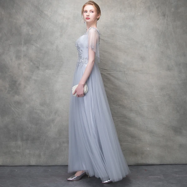 Chic / Beautiful Grey Evening Dresses 2018 A-Line / Princess Lace Flower Crystal Pearl Scoop Neck Short Sleeve Ankle Length Formal Dresses