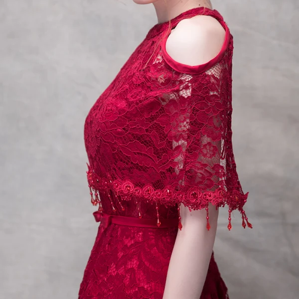 Chic / Beautiful Burgundy Evening Dresses 2017 A-Line / Princess Lace Flower Beading Crystal Sequins Bow Halter Strapless 1/2 Sleeves Ankle Length Formal Dresses