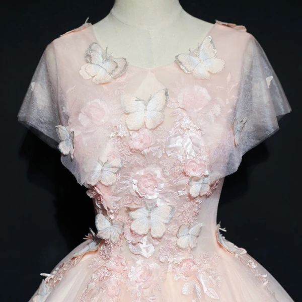 Chic / Beautiful Prom Dresses 2017 Ball Gown Lace Flower Artificial Flowers Butterfly Pearl Scoop Neck Short Sleeve Floor-Length / Long Formal Dresses