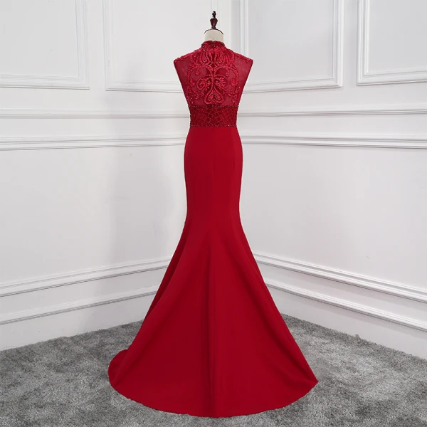 Modern / Fashion Burgundy Evening Dresses 2018 Trumpet / Mermaid Crystal Lace Flower High Neck Backless Sleeveless Sweep Train Formal Dresses