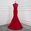 Modern / Fashion Burgundy Evening Dresses  2018 Trumpet / Mermaid Crystal Lace Flower High Neck Backless Sleeveless Sweep Train Formal Dresses