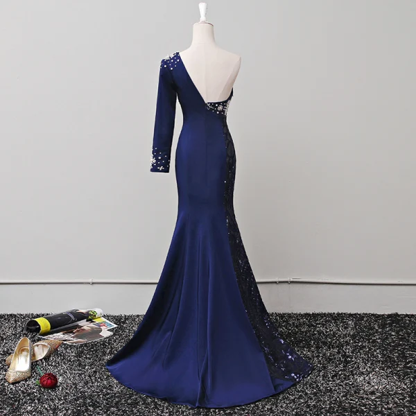 Vintage / Originale Bleu Marine Robe De Soirée 2018 Trompette / Sirène Perle Paillettes Une épaule Manches Longues Dos Nu Train De Balayage Robe De Ceremonie