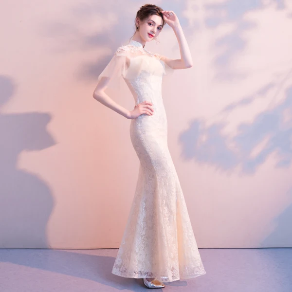Elegant Champagne Evening Dresses 2018 Trumpet / Mermaid Beading Lace Flower High Neck Backless Short Sleeve Floor-Length / Long Formal Dresses