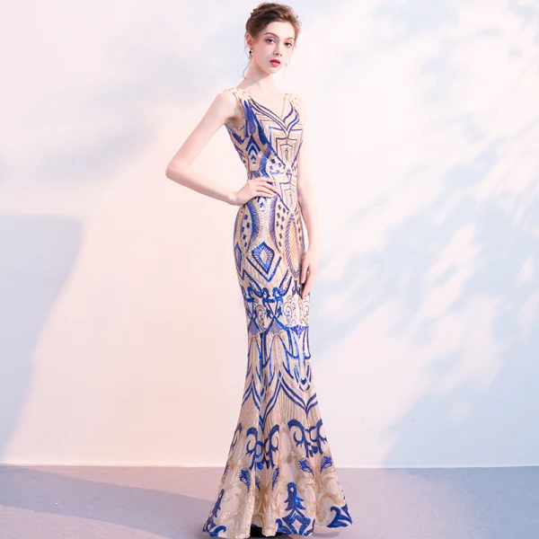 Charmant Bleu Roi Champagne Robe De Soirée 2018 Trompette / Sirène Paillettes V-Cou Dos Nu Sans Manches Longue Robe De Ceremonie