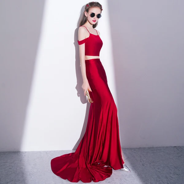 Sexy Bordeaux 2 Pièces Robe De Soirée 2018 Trompette / Sirène Fendue devant Bretelles Spaghetti Dos Nu Manches Courtes Train De Balayage Robe De Ceremonie