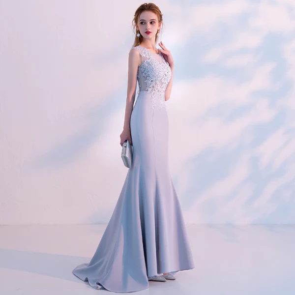 Chic / Beautiful Grey Evening Dresses 2018 Trumpet / Mermaid Beading Lace Flower Scoop Neck Sleeveless Sweep Train Formal Dresses