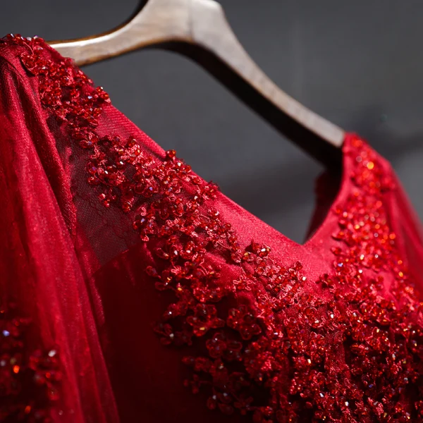 Chic / Belle Bordeaux Robe De Soirée 2017 Princesse En Dentelle Cristal Ceinture Dos Nu V-Cou Manches Longues Longueur Cheville Robe De Ceremonie