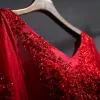 Chic / Beautiful Burgundy Evening Dresses  2017 A-Line / Princess Lace Crystal Sash Backless V-Neck Long Sleeve Ankle Length Formal Dresses