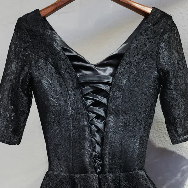 Chic / Belle Noire Robe De Soirée 2017 Princesse Dentelle V-Cou Dos Nu 1/2 Manches Longueur Cheville Robe De Ceremonie