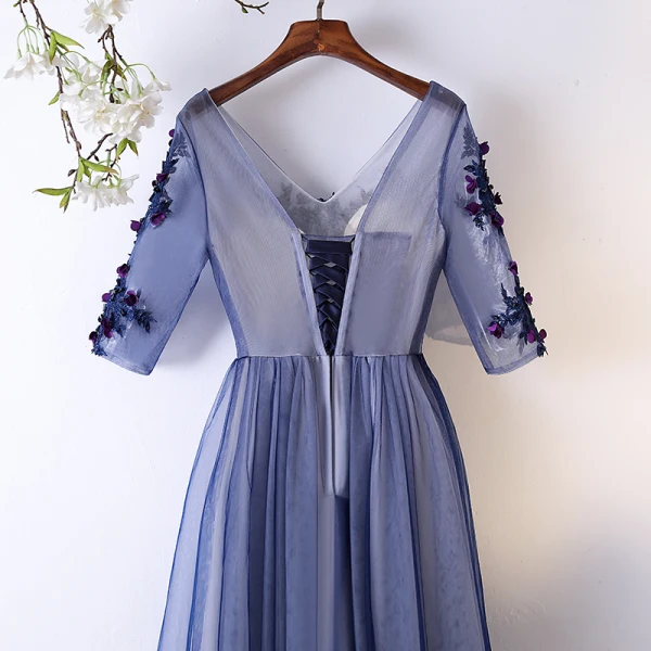Chic / Beautiful Ocean Blue Evening Dresses 2017 A-Line / Princess Lace Flower Appliques Crystal V-Neck Backless 1/2 Sleeves Ankle Length Formal Dresses