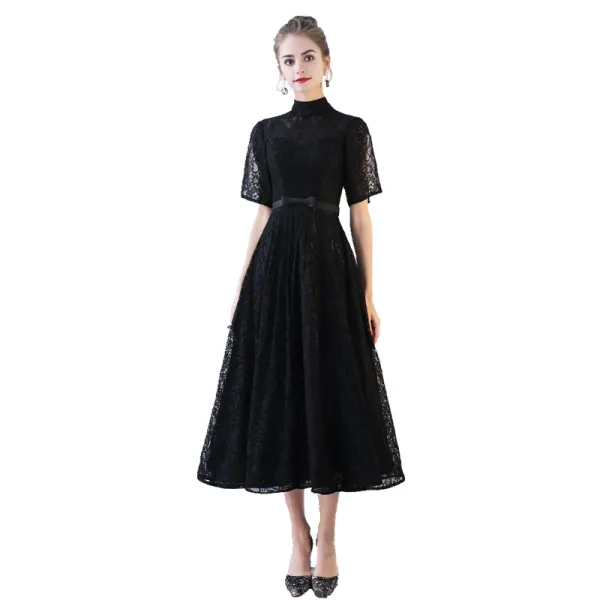 Chic / Beautiful Black Homecoming Graduation Dresses A-Line / Princess 2017 Lace Bow High Neck Short Sleeve Tea-length Formal Dresses