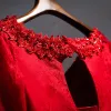 Chic / Beautiful Red Evening Dresses  2017 A-Line / Princess Lace Flower Pearl Crystal Bow V-Neck Backless Long Sleeve Ankle Length Formal Dresses