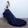 Piękne Granatowe Sukienki Wieczorowe 2017 Suknia Balowa Kokarda Aplikacje Sztuczne Kwiaty Perła Wycięciem Bez Rękawów Asymetryczny Sukienki Wizytowe