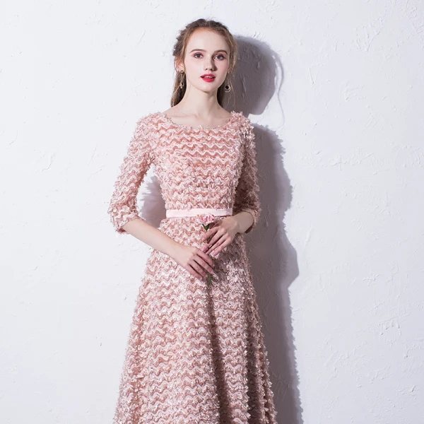 Chic / Belle Rougissant Rose Robe De Soirée 2017 Princesse Encolure Dégagée 3/4 Manches Longueur Cheville Robe De Ceremonie